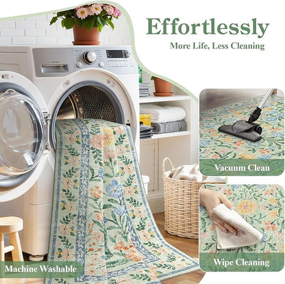 Wonnitar Machine Washable 5x7 Area Rug, Boho Floral Rugs for Living Room Non-Slip, Soft Pink and Green Flower Ultra-Thin Non Shedding Carpet for Bedroom Dining Room Nursery