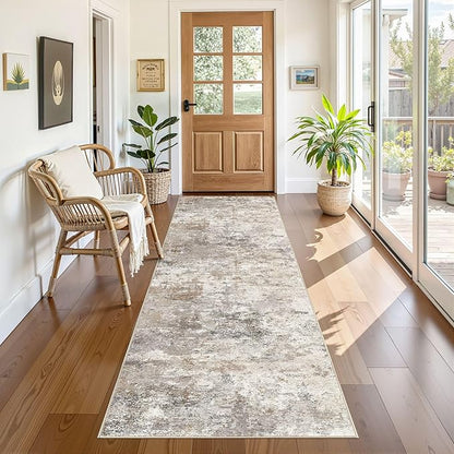 3X8 Washable Runner Rug for Hallway: Soft Neutral Modern Abstract Area Rug - Non-Slip Low Pile Long Throw Indoor Carpet for Kitchen Entryway Kitchen Bedroom Laundry Bathroom - Brown Grey