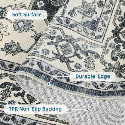 Dripex Vintage Washable Area Rug - 5x8 Distressed Rugs for Living Room Bedroom Oriental Medallion Floral Print Carpet Low-Pile Indoor Soft Non-Slip Accent Rug Farmhouse Office Home Decor