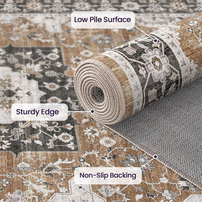 DEXI 4x6 Area Rug for Living Room, Washable Vintage Farmhouse Thin Rug Indoor Floor, Non Slip Stain Resistant Low Pile Carpet for Dining Room Bedroom Office, Brown