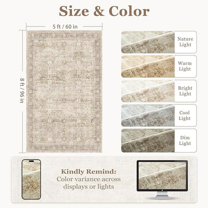 Washable Neutral 5x8 Area Rugs, Vintage Farmhouse Earth Tone Beige Taupe Carpet for Living Room Bedroom, Low Pile Thin Rug with Non Slip Rubber Backing for Dining Room Nursery Home Office