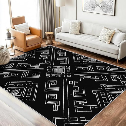 Geometric Rug, Washable 5x8 Rug for Living Room, Black and White Patterned Indoor Carpet, Modern Geometric Decor for Home, Bedroom, Soft Non Slip Thin Design FER19