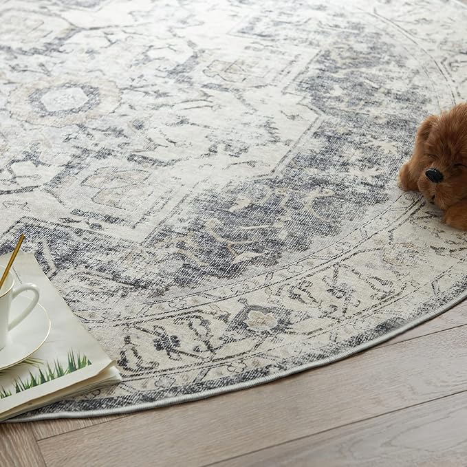 jinchan Kelda Round Rug 5ft Washable Area Rug Indoor Vintage Floor Cover Distressed Circle Mat 5' Round Lightweight Non Slip Low Pile Thin Carpet for Entryway Kitchen Living Room Bedroom Grey