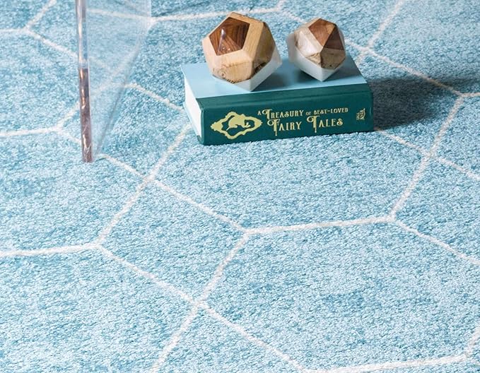 Unique Loom Trellis Frieze Collection Area Rug - Geometric (2' x 13' 1" Runner, Light Blue/ Ivory)