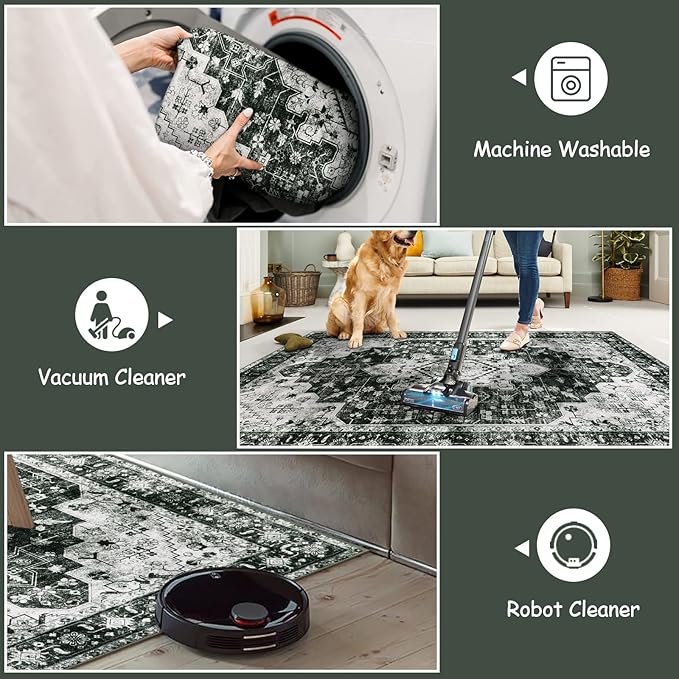 Moynesa Washable Black and White Runner Rug - 2x6 Bathroom Runner with Rubber Backing, Hallway Boho Non-Slip Non-Shedding Low Pile Accent Carpet for Laundry Room Entryway