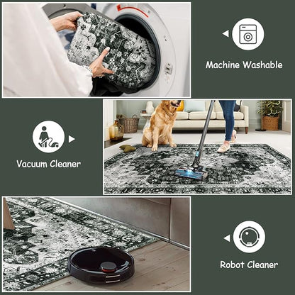 Moynesa Ultra-Thin Washable Vintage 5x7 Area Rugs - Large Boho Living Room Rug Non-Slip Non-Shedding Stain Resistant Indoor Floor Carpet for Bedroom Dining Room Entryway, Black/White