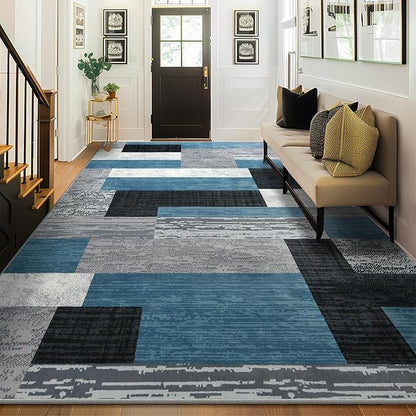 Large Area Rugs,Modern Geometric Patchwork Floor Decor for Bedroom Aesthetic Carpet, Rockwood Collection, Indoor Rugs for Living Room, Dining Room, Nursery, Office, Machine Washable Rug,6x9 Ft Blue