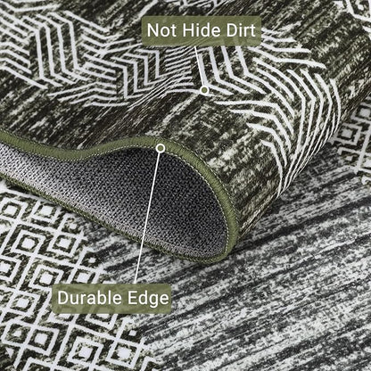GarveeHome 2x6 Modern Bordered Runner Rug Soft Non Slip Runner Washable Non Shedding Floor Carpet, Distressed Geometric Hallway Runner, Indoor Printed Runner for Kitchen, Entrance, Green