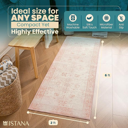 Istana Hallway Runner Rug 2x6 - Pink Kitchen Rugs Non Slip Washable -Silk's Soft Touch Carpet Runner - Stylish Rug for Home