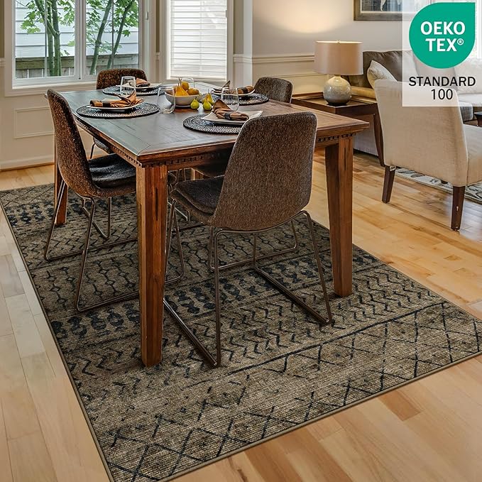 4x6 Machine Washable Area Rug for Living Room, Brown Black Vintage Moroccan Rug Large Non-Slip Low Pile Soft Faux Wool Carpet, Kids and Pets Friendly for Bedroom Dining Room Farmhouse Home Decor Rug