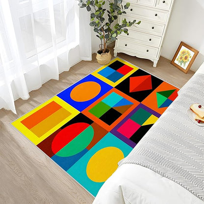5x7 Rug Washable - Geometric Rugs for Living Room, Colorful Abstract Modern Funky Non Slip Low Pile Area Rugs for Bedroom, Geometric Carpet Home Decor & Gifts