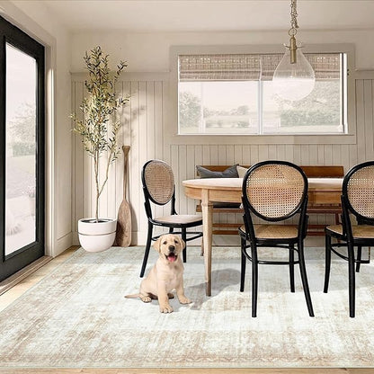 Vintage Living Room Area Rug - 6x9 Large Machine Washable Boho Moroccan Distressed Farmhouse Rugs for Bedroom - Soft Non-Slip Indoor Floor Accent Rugs for Office Dining Room (Beige, 6' x 9')