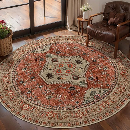 Tangsoo Round Rug 4ft Washable Circle Rug, Vintage Non Slip Small Boho Round Rug, Low Pile Circular Rugs, Round Carpet for Bedroom,Entryway,Nursery,Dorm,Kitchen,Terracotta