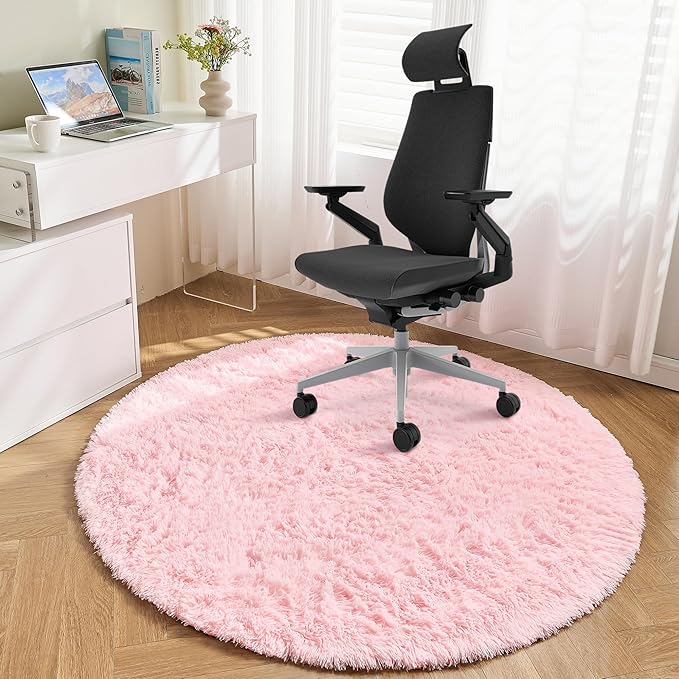 Andency Pink Round Area Rug for Bedroom, Shag Fuzzy Plush Circle Rug 7'X7' for Room, Cute Fluffy Circular Carpet for Dorm Playroom