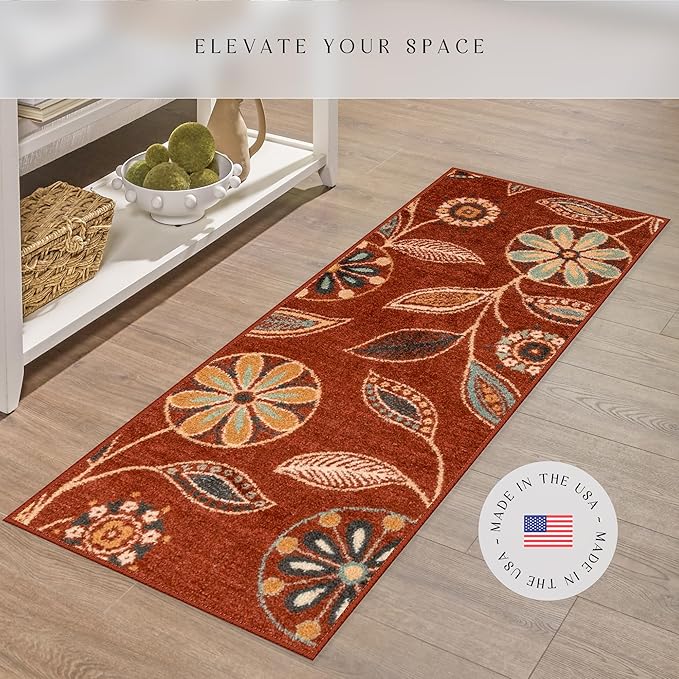 Maples Rugs Reggie Floral Runner Rug - Made in USA - Washable, Non Slip Indoor Carpet for Kitchen, Hallway, and Laundry Room, 1'8 x 5, Merlot