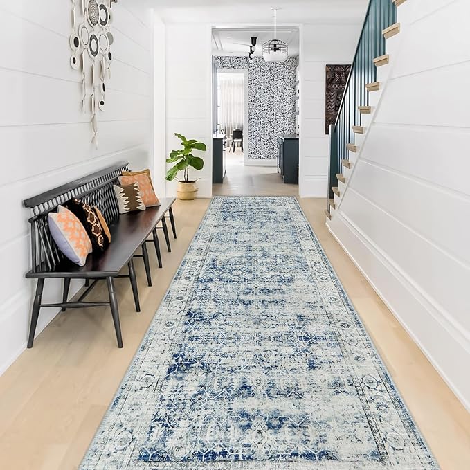 Morebes Vintage Rug Runners for Hallways Non Slip,Washable Runner Rug 2x10, Soft Long Distressed Non-Shedding Throw Carpet Runner Rug for Entryway Kitchen Laundry Living Room, Blue