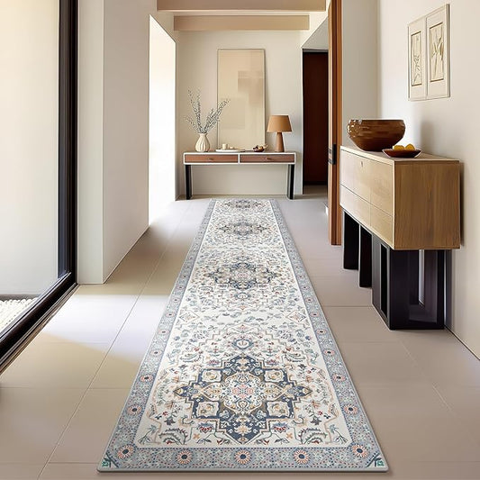 Phantoscope Washable Runner Rug 2'x10' Non-Slip, Vintage Boho Hallway Rugs for Entryway, Stair, Bedroom, Persian Floral Medallion Pattern, Low-Pile Foldable Floor Carpet, Ivory Blue/Garden Bloom