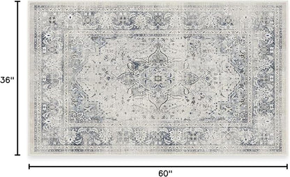 RUGGABLE Washable Vintage Area Rug – Sarrah Blue Quartz 3x5, Stain-Resistant, Non-Slip – Small Machine Washable Rugs for Living Room, Bedroom, Hallway, Entryway & Office–with Cushioned Pad