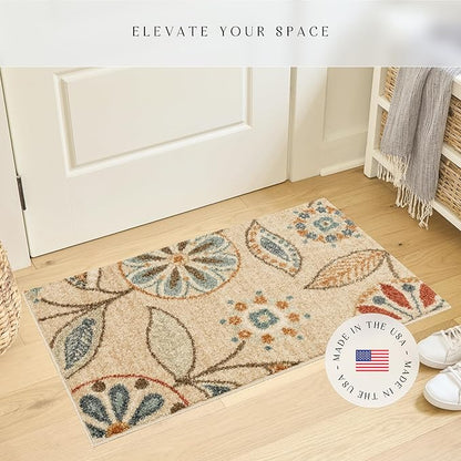 Maples Rugs Reggie Floral Runner Rug - Made in USA - Washable, Non Slip Indoor Carpet for Kitchen, Hallway, and Laundry Room, 1'8 x 4', Beige