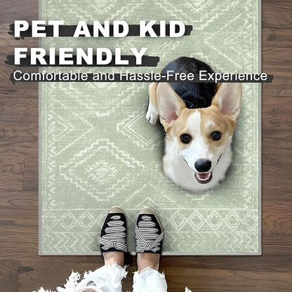KILOCOCO Boho Entryway Rug 2x3 Printed Small Area Rug Indoor Door Mat Machine Washable Kitchen Rugs Super Soft Non Slip Throw Rugs for Bedroom Entrance Geometric Laundry Room, Grey Green
