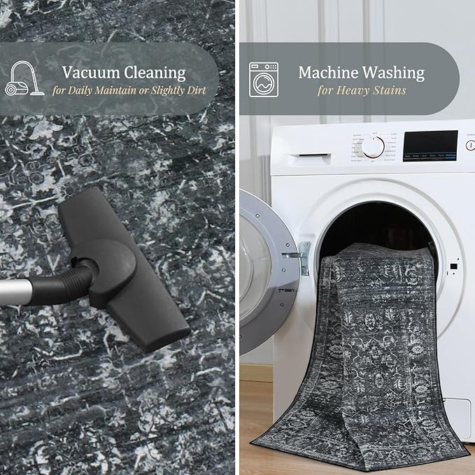 Morebes Black Vintage Rug Runners for Hallway, 2.5x8 Washable Floral Entryway Runner Rug Non Slip, Distressed Indoor Floor Carpet Runner for Kitchen Bathroom Laundry Room Bedroom