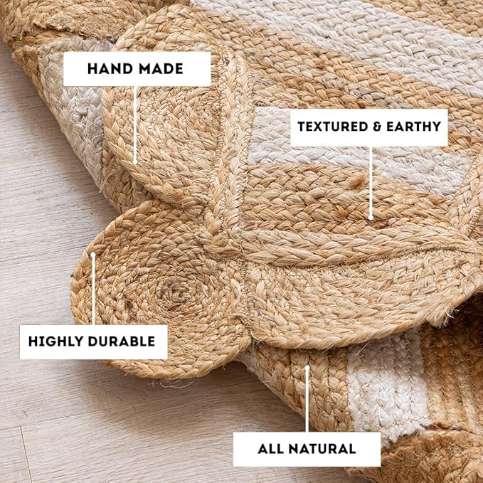 HOMEMONDE Scalloped Jute Area Rug 8'x10' Natural Stripe - Boho Home Décor Farmhouse Style Eco-Friendly Fiber Rug Hand Braided Rustic Vintage for Living Room, Bedroom, Dining Room, Hallway, Kitchen