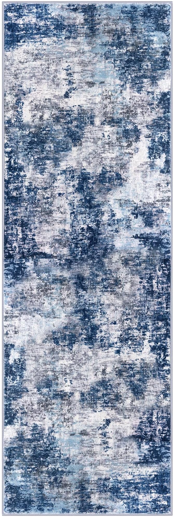 Modern Abstract Runner Rug 2x6, Grey Navy Blue Colorful Washable Kitchen Runner Non-Slip Soft Hallway Rug Runner Thin Print Faux Wool Carpet for Entryway Bedroom Laundry Room Indoor Home Decor