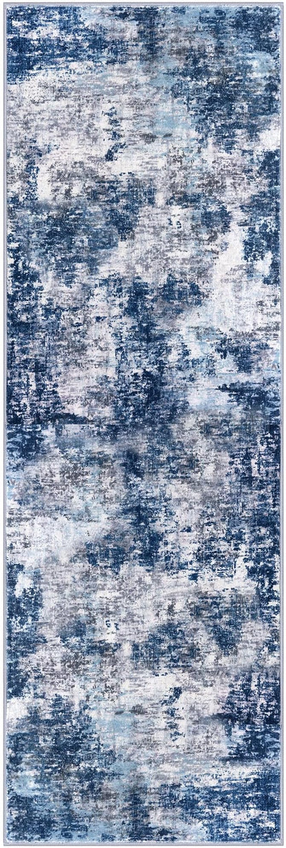 Modern Abstract Runner Rug 2x6, Grey Navy Blue Colorful Washable Kitchen Runner Non-Slip Soft Hallway Rug Runner Thin Print Faux Wool Carpet for Entryway Bedroom Laundry Room Indoor Home Decor