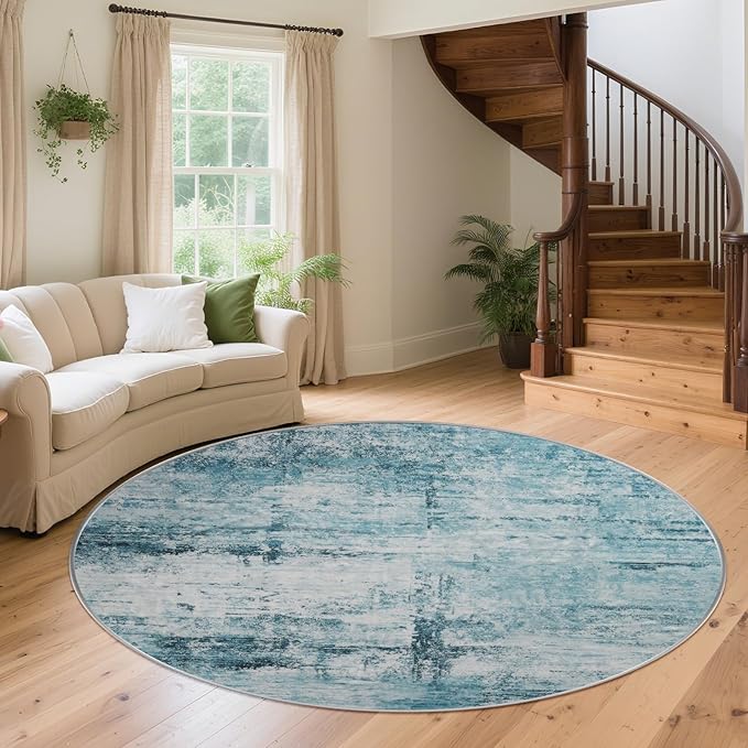 Round 5ft Area Rug Modern Abstract Washable for Living Room Entryway Dining Room Home Office Teal Gray