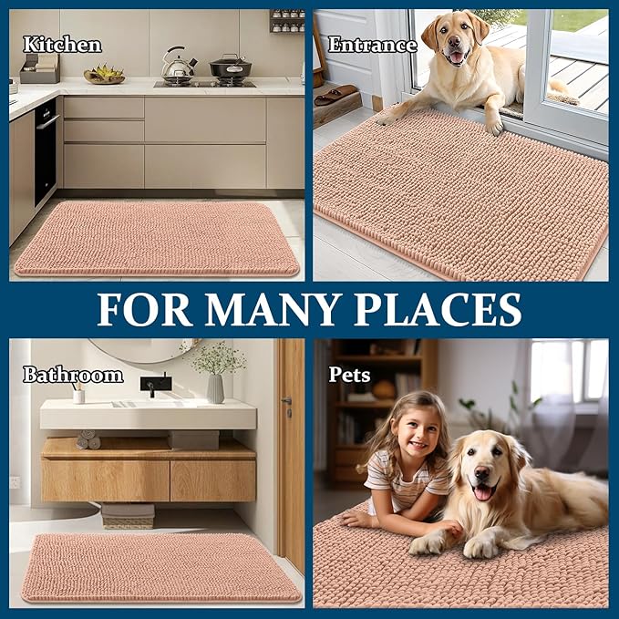 OLANLY Dog Door Mat for Muddy Paws 30x17, Absorbs Moisture and Dirt, Absorbent Non-Slip Washable Doormat, Quick Dry Chenille Mud Mat for Dogs, Entry Indoor Entryway Carpet for Inside Floor, Peach