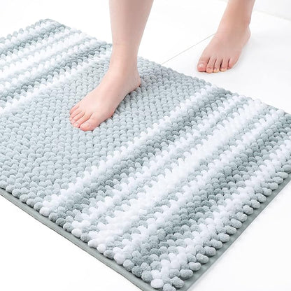 PiccoCasa Chenille Bathroom Rug, Soft Fluffy Absorbent Bath Mat, Medium Pile Striped Carpet Washable Non Slip Bathroom Floor Mats(20"x32",Light Blue & White)