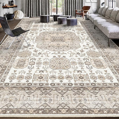 8x10 Area Rug Washable Living Room Carpet Bedroom Rug, Retro Accent Throw Distressed Rug, Easy Cleaning (Cream Beige)