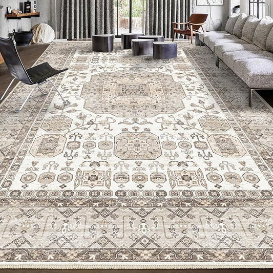 8x10 Area Rug Washable Living Room Carpet Bedroom Rug, Retro Accent Throw Distressed Rug, Easy Cleaning (Cream Beige)
