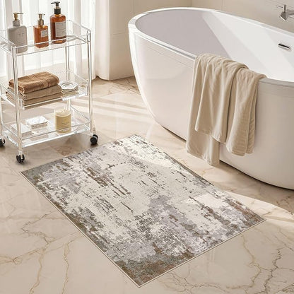 2x3 Entryway Area Rug: Washable Neutral Modern Abstract Small Rug - Non-Slip Low Pile Throw Indoor Carpet for Entrance Kitchen Front Door Mat Bathroom Entry Kids Room - Brown/Grey/Beige