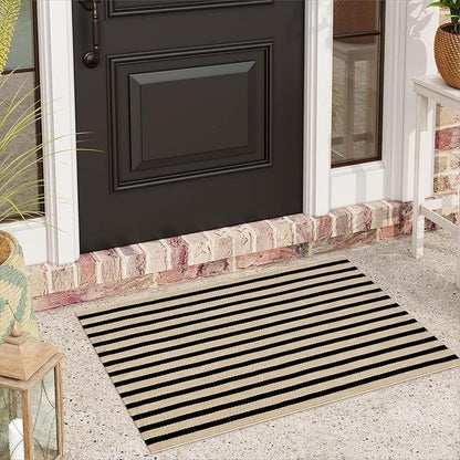 Black and Tan Outdoor Rug 24"x35", Washable Reversible Striped Front Door Mat,Cotton Hand-Woven Layered Door Mats Farmhouse Throw Rugs for Entryway Porch Decor Home Entrance