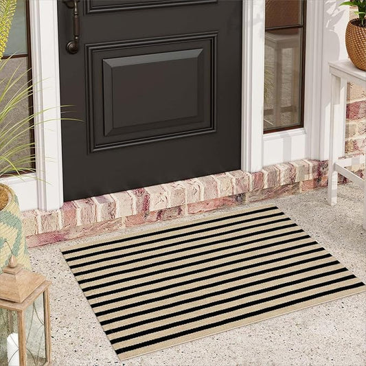Black and Tan Outdoor Rug 24"x35", Washable Reversible Striped Front Door Mat,Cotton Hand-Woven Layered Door Mats Farmhouse Throw Rugs for Entryway Porch Decor Home Entrance