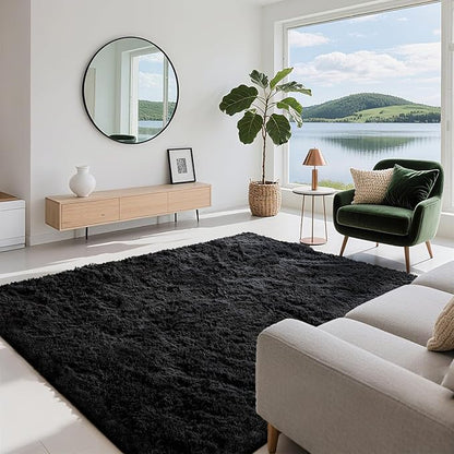 5x7 Area Rugs for Living Room Bedroom,Soft Fluffy Shaggy Bedside Rug, Indoor Floor Carpet for Kids Playroom, Dorms, Nursery Rooms, Home Decor (Black 5'x7')