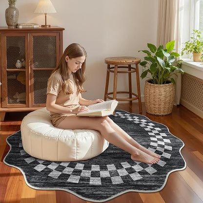 GarveeHome Scalloped Round Rug 4ft Modern Solid Color Circle Rugs Non Slip Low Pile Living Room Throw Carpat Washable Bedroom Scalloped Round Area Rug Stain Resistant Bordered Rug for Kitchen, 4'x4'