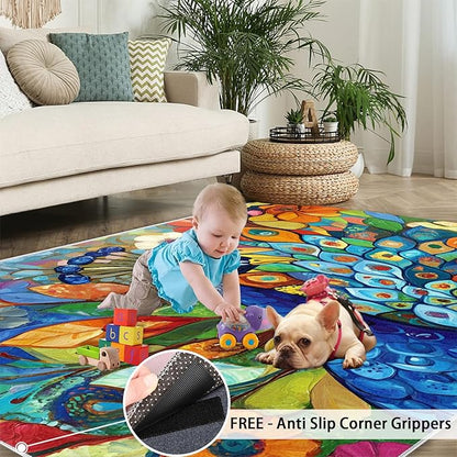 Boho Peacock Rug Large - 6x9 Rug, Colorful Peacock Washable Rugs for Living Room, Teal Turquoise Carpet, Modern Style Non-Slip Area Rugs for Bedroom, Aesthetics Carpet - Peafowl Home Decor & Gifts