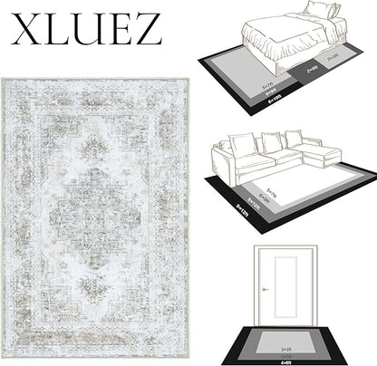 Area Rug 9x12 Living Room Rug, Machine Washable Vintage Distressed Medallion Rug Non-Slip Soft Low Pile Large Indoor Rugs for Bedroom Kitchen Dining Room Office(Taupe,9'x12')