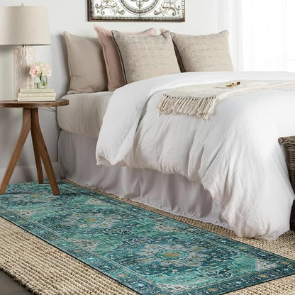 Moynesa Ultra-Thin Washable Vintage Runner Rug - 2'6"x8 Boho Hallway Kitchen Runner Oriental Medallion Bedside Mat Non-Slip Non-Shedding Indoor Throw Carpet for Laundry Entrance, Teal/Mutil