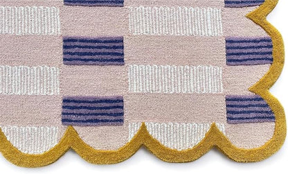 Hand-Tufted Wool Rug with Scalloped Edges, Light Blue Plaid Pattern, Cozy Soft Area Rug for Living Room, Bedroom, and Nursery, Handmade Modern Accent Rug (Pink, 9X14 FEET)