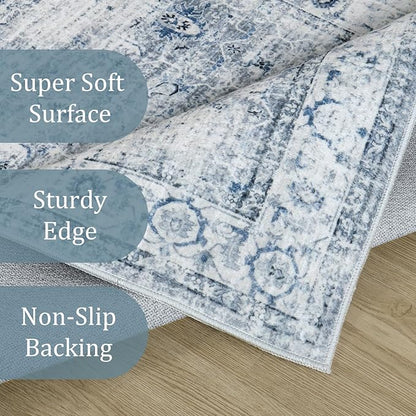 Morebes Vintage 2x10 Runner Rug for Hallway Non Slip,Washable Long Kitchen Rugs Runners,Soft Distressed Non-Shedding Carpet Runner Rug for Entryway Indoor Foyer Playroom,Blue-Gray