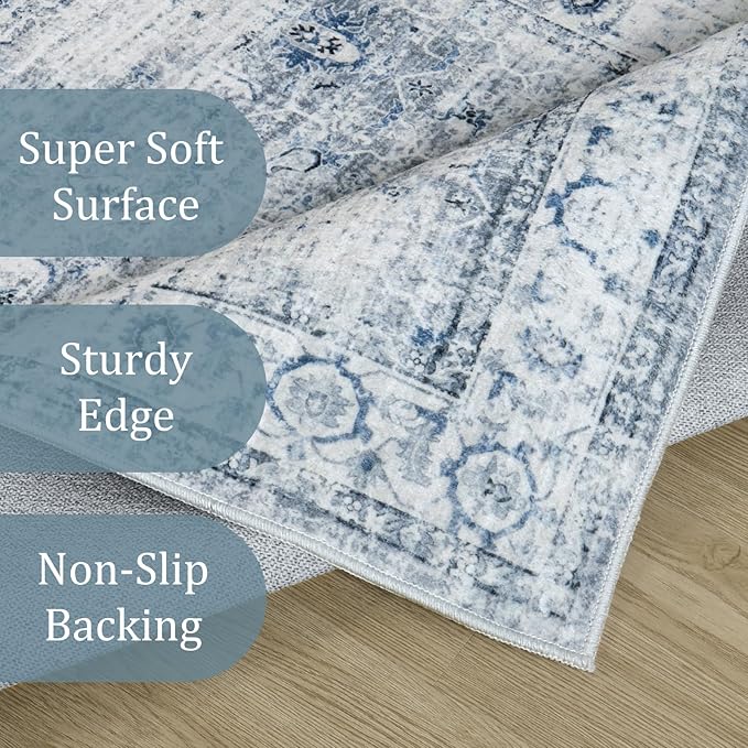 Morebes Vintage Kitchen Rugs Non Slip Washable Rug Runner,Non Skid Bath Mat Runner,Distressed Long Bathroom Rug Indoor Floor Carpet for Room Hallway Entryway Laundry Foyer, Blue-Gray