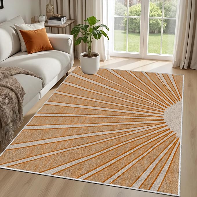 Boho Sun Print Area Rug for Living Room 7x9, Modern Abstract Non-Slip Washable Rugs, Soft Stripe Minimalism Carpet for Bedroom, Nursery, Entryway, Dining Room & Office Decor, Orange White