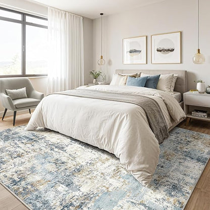 5x8 Area Rug Washable Rugs: Large Abstract Modern Soft Stain Resistant Indoor Floor Non-Slip Accent Carpet for Living Room Bedroom Nursery Playroom Dining Room Office Dorm Home House- Light Blue