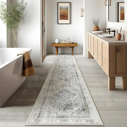 Phantoscope Washable Runner Rug 2'x10' Non-Slip, Vintage Neutral Hallway Rugs for Entryway, Stair, Bedroom, Distressed Boho Medallion Pattern, Low-Pile Foldable Floor Carpet, Silver Grey/Taupe