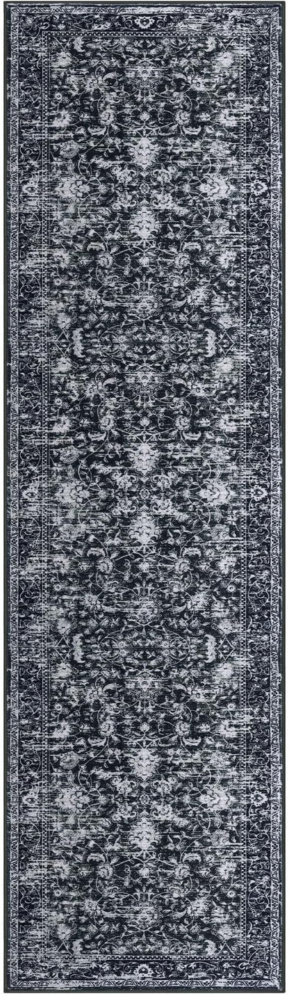 KILOCOCO Hallway Runner 2x8 Rug Runner Printed Vintage Floral Washable Kitchen Runners Non-slip Rubber Backed Runners for Hallways Distressed Thin Soft Rugs for Entryway Laundry Room, Black/Navy/White