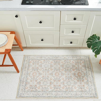 WITSHOCK Washable 2x3 Entryway Area Rug: Soft Non-Slip Backing Washable Rugs Vintage Flower Boho Accent Small Rugs for Bedroom, Kitchen, Bathroom, Nursery Entrance,Camel