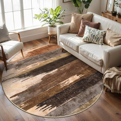 Ciicool 4ft Round Washable Rug, Modern Abstract Circle Rugs, Non-Slip Thin Lightweight Rug Brown Black Circular Print Distressed Carpet for Bedroom Living Room Under Dining Table Home Office Decor